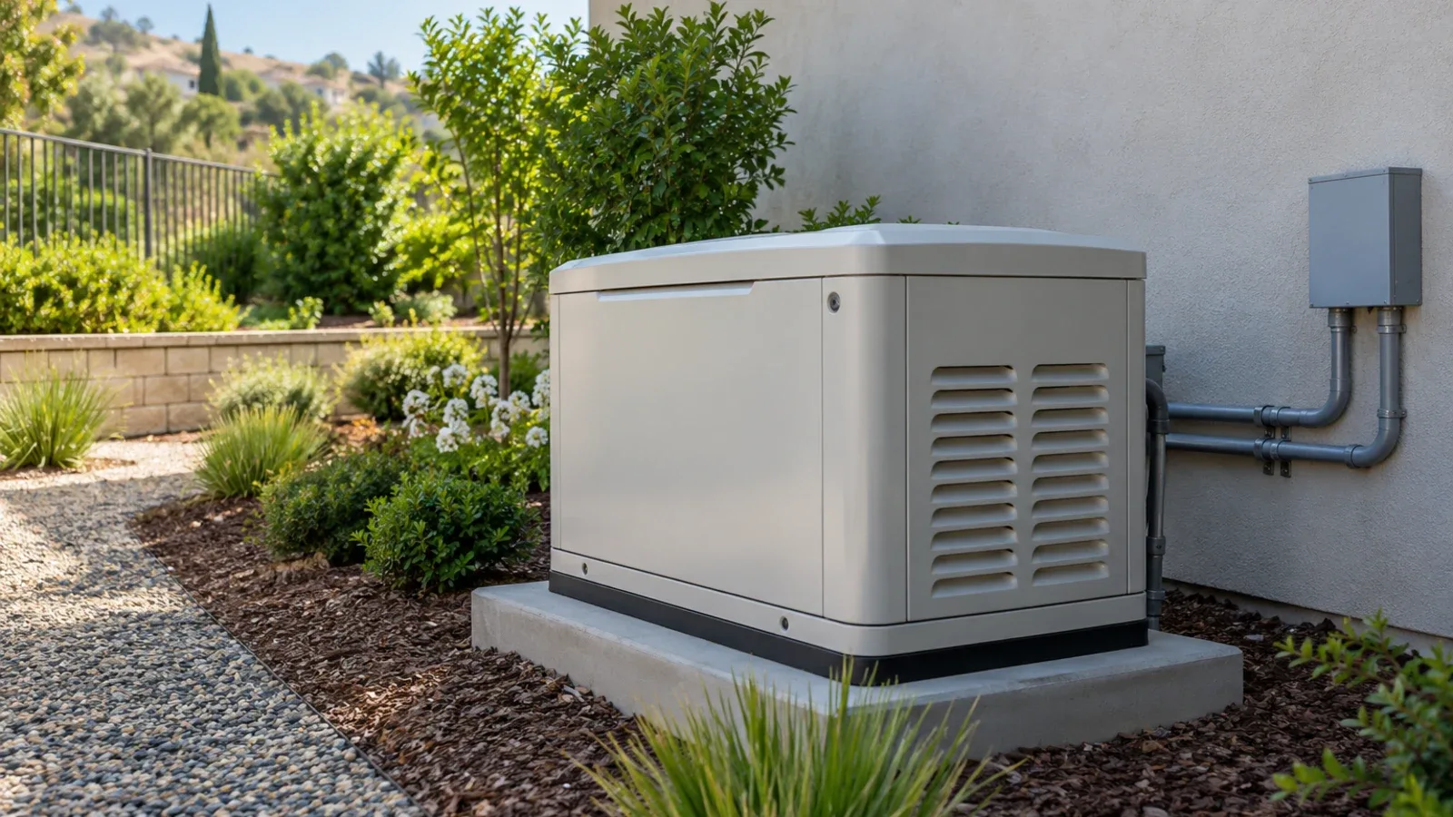Illustrative residential standby generator in a closed weatherproof enclosure.